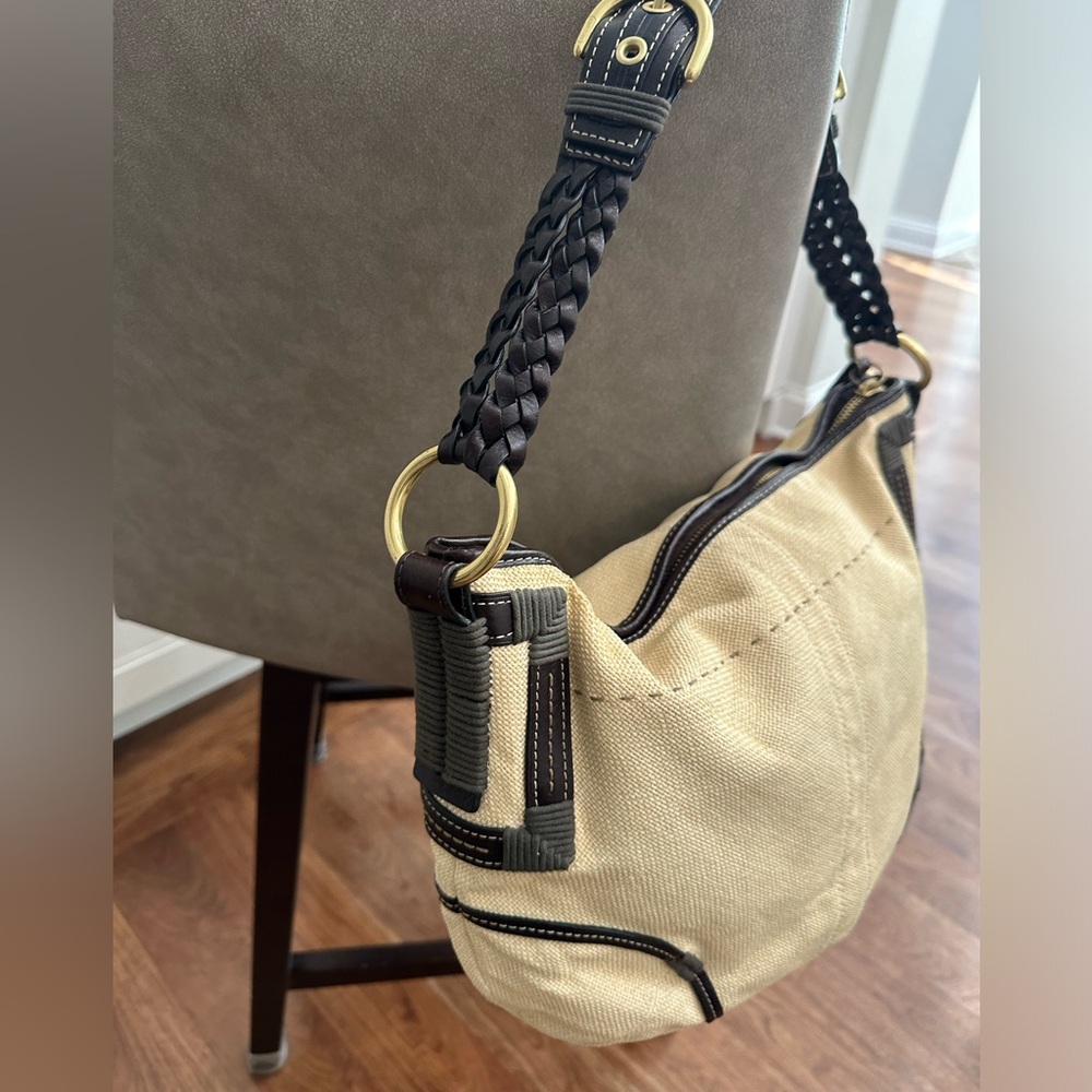 COACH Purse Shoulder Bag 4711 Angora Straw Burlap Beige w/ Genuine Brown Leather - Picture 5 of 14